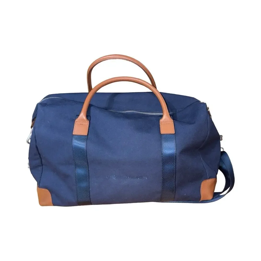 Brooks Brothers Navy Blue Canvas Brown Leather Trim Weekender Duffle Bag